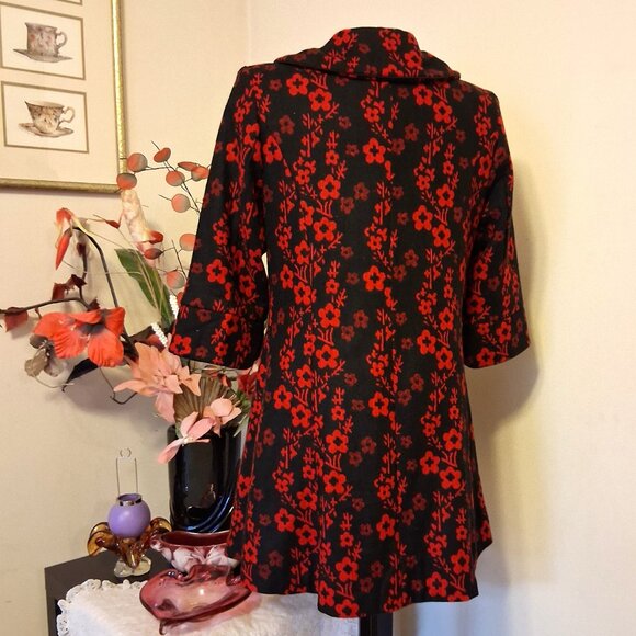 NEW Women’s Elegant Pea Coat Red Black Floral Lined Trench Coat ¾ Sleeve 18 XL - Picture 6 of 10